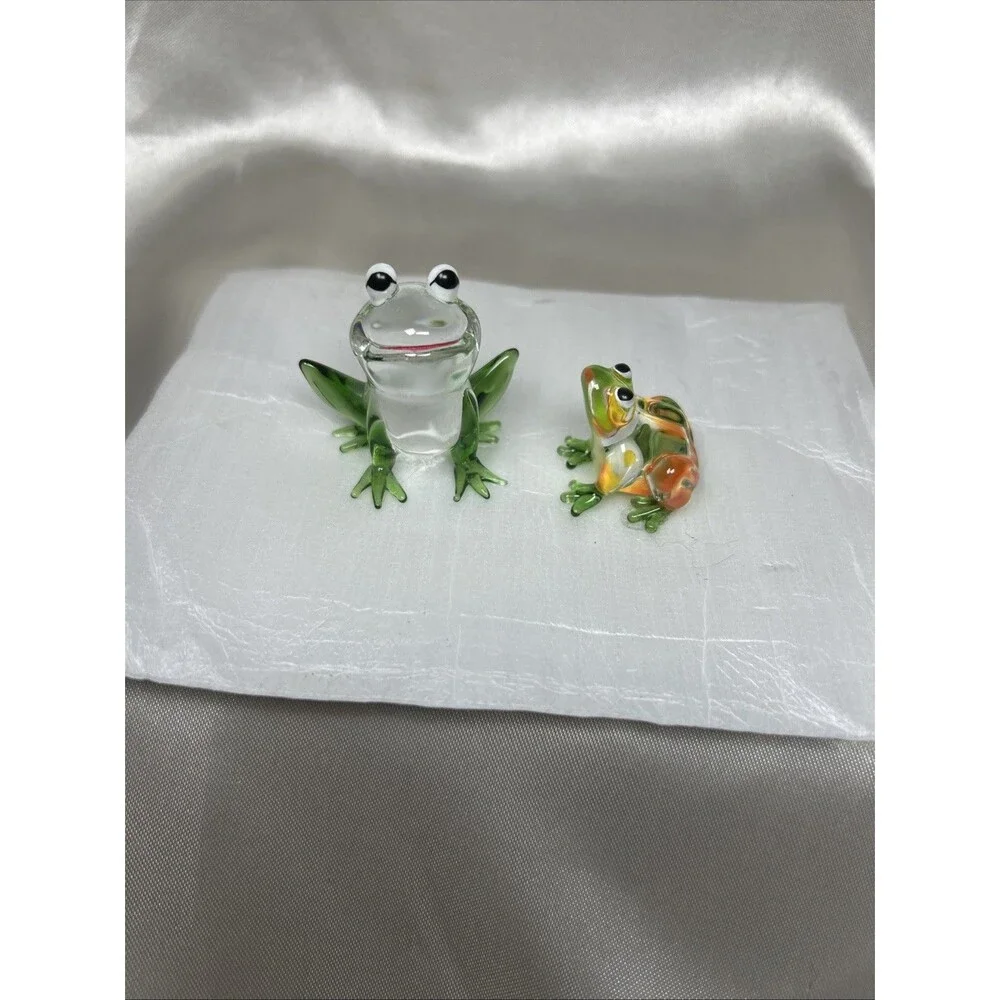 Lot of 2 Miniature Hand Blown Glass Frog Figurines Green Clear Orange Accent